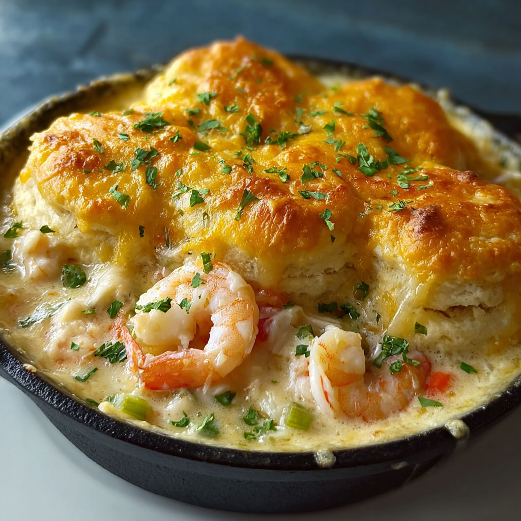 A delicious seafood dish, including shrimp and scallops, is served in a black skillet.