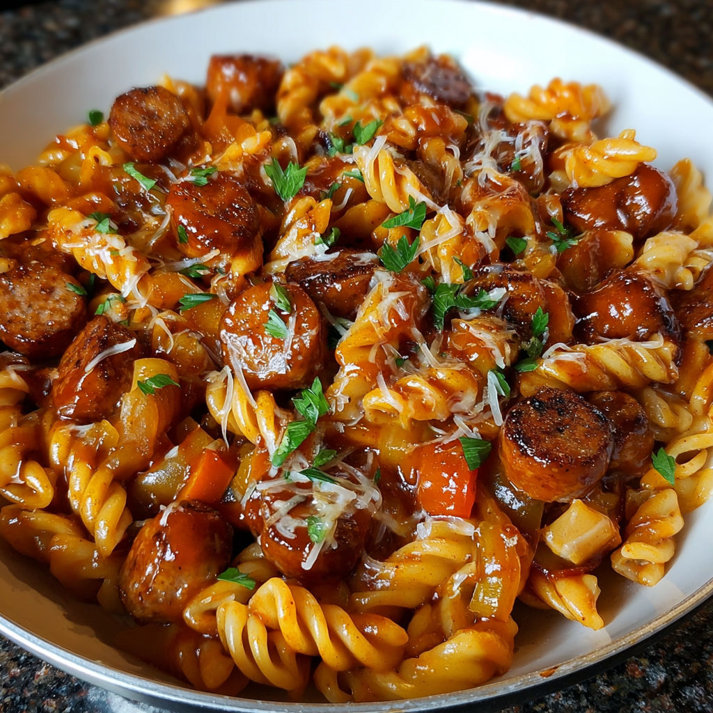 A delicious Sweet Chili BBQ Sausage Pasta Skillet is served in a white bowl.