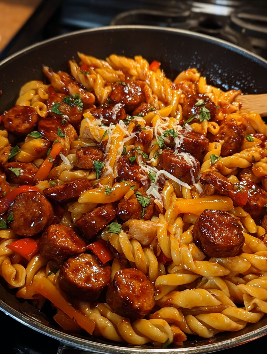 A delicious Sweet Chili BBQ Sausage Pasta Skillet dish, filled with pasta, sausage, and various vegetables, is ready to be enjoyed.