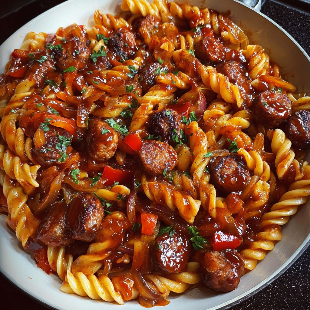 A delicious Sweet Chili BBQ Sausage Pasta Skillet is ready to be enjoyed.