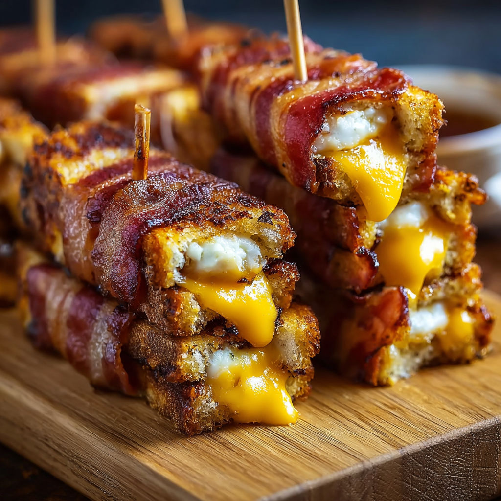 A delicious bacon-wrapped grilled cheese finger is served on a wooden platter.