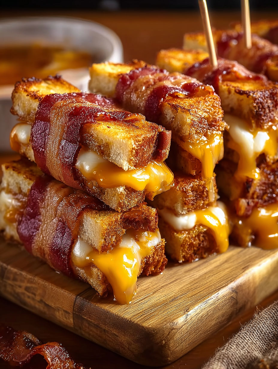 A stack of bacon wrapped sandwiches with cheese and bacon on top.