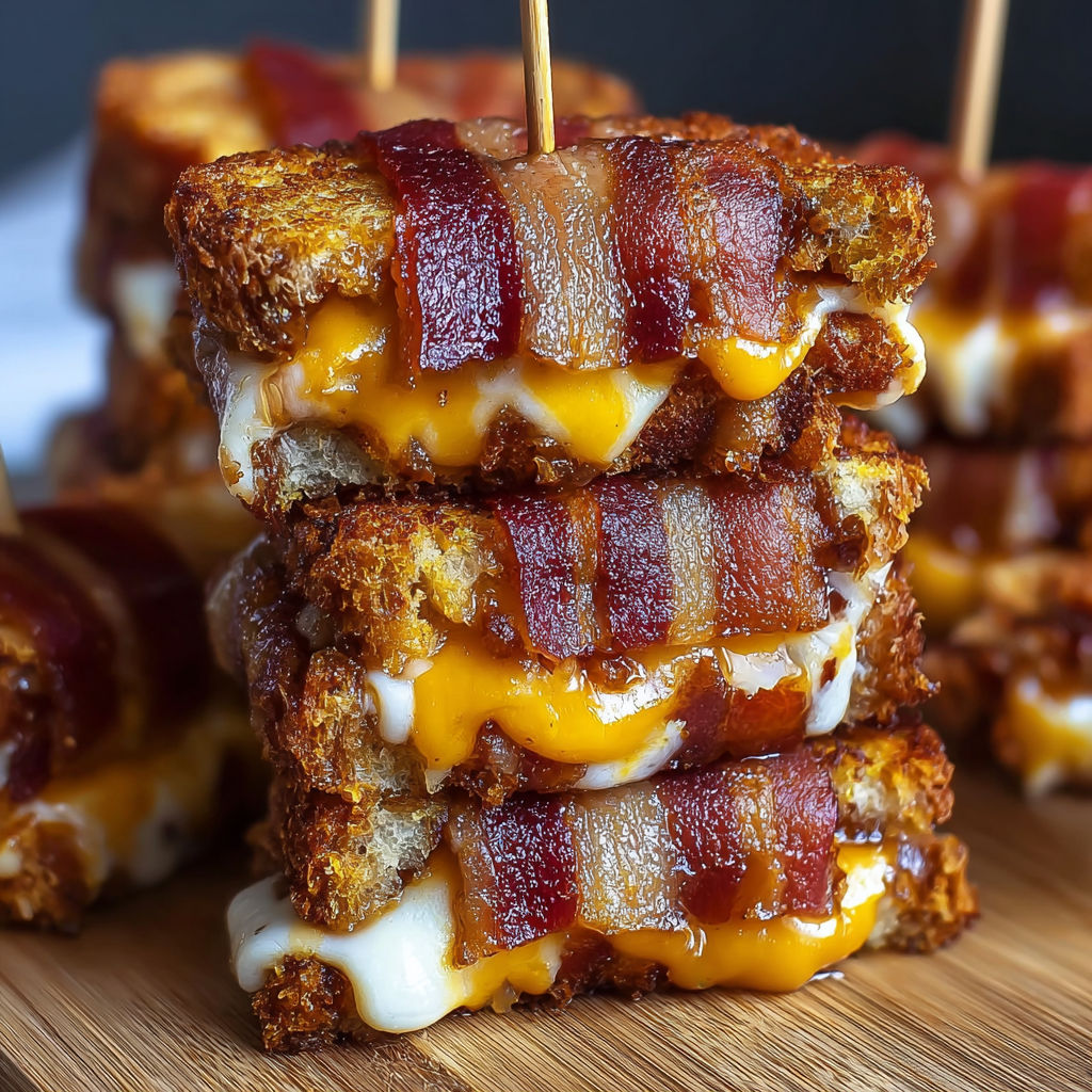 A stack of bacon and cheese sandwiches on a wooden table.