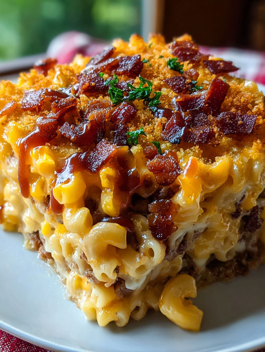 A delicious bacon and cheese casserole with a drizzle of sauce on top.