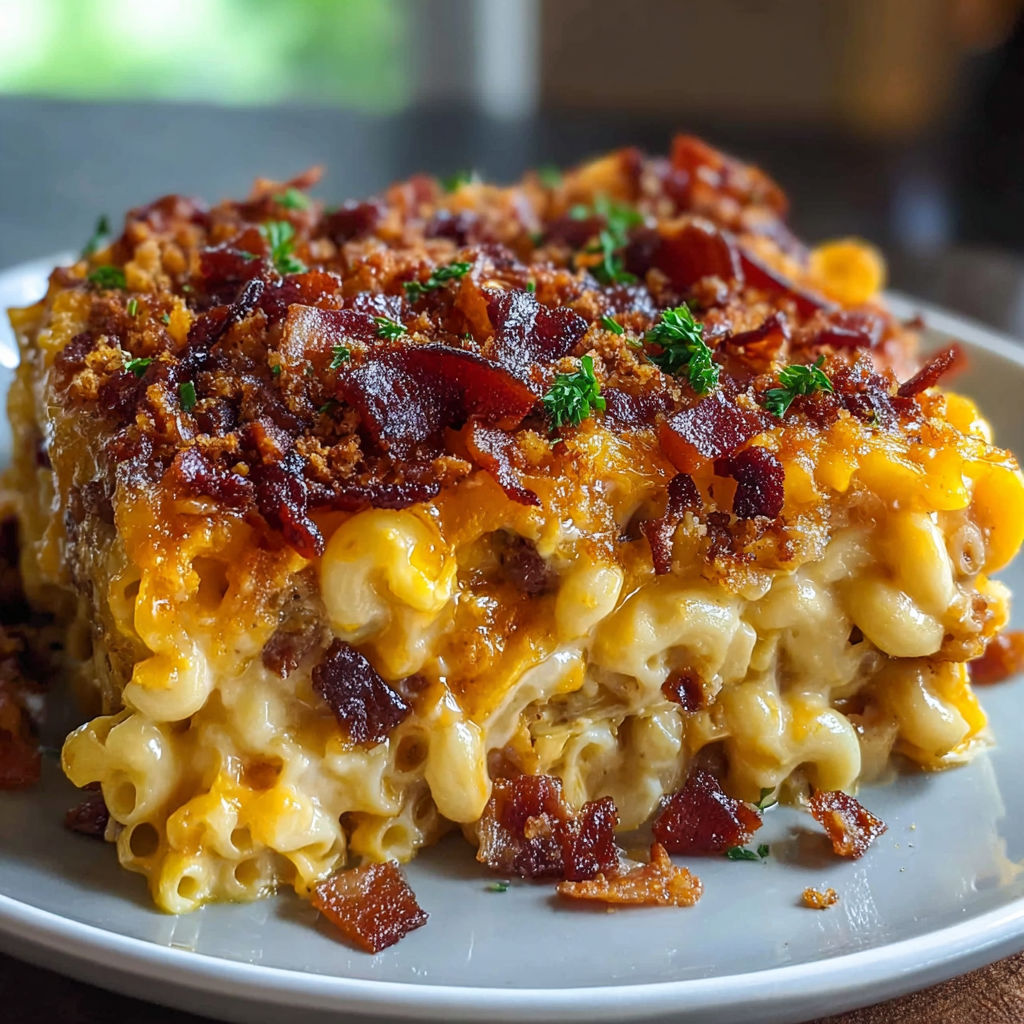 A delicious bacon and cheese casserole is served on a white plate.