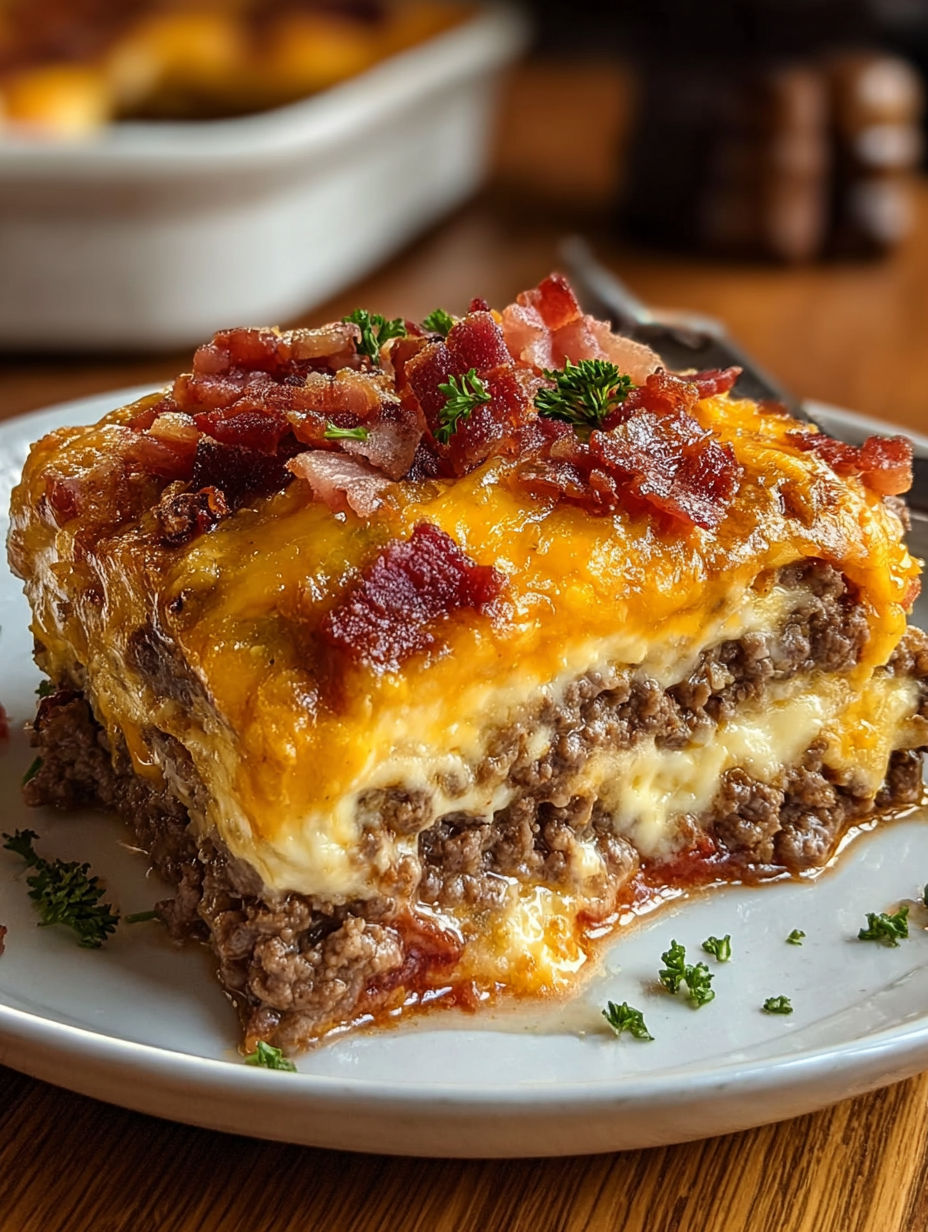 A delicious Low Carb Bacon Cheeseburger Casserole is served on a white plate.