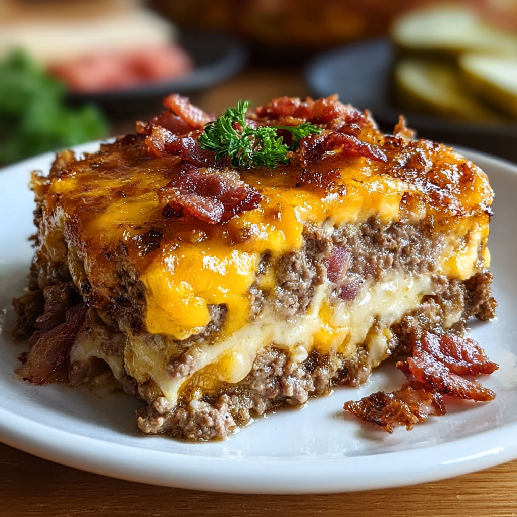 A delicious Low Carb Bacon Cheeseburger Casserole is served on a white plate.