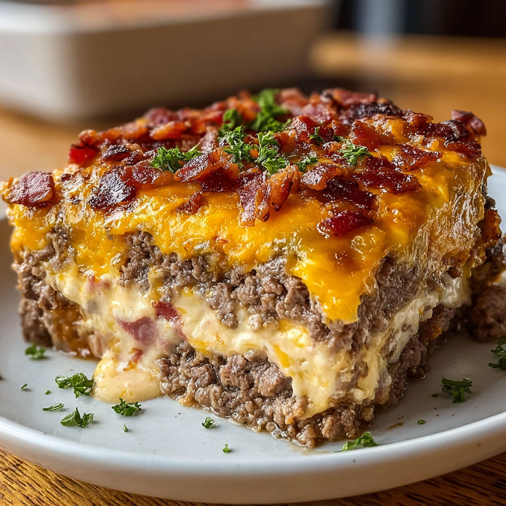 A delicious Low Carb Bacon Cheeseburger Casserole is served on a white plate.