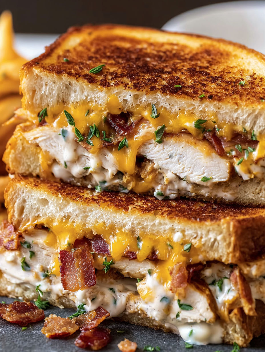 A close up of a Cheddar Bacon Ranch Chicken Melt sandwich with cheese and bacon.
