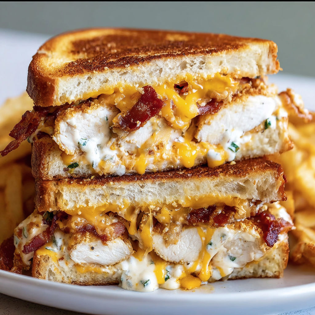 A delicious Cheddar Bacon Ranch Chicken Melt sandwich is stacked on a plate with a side of fries.