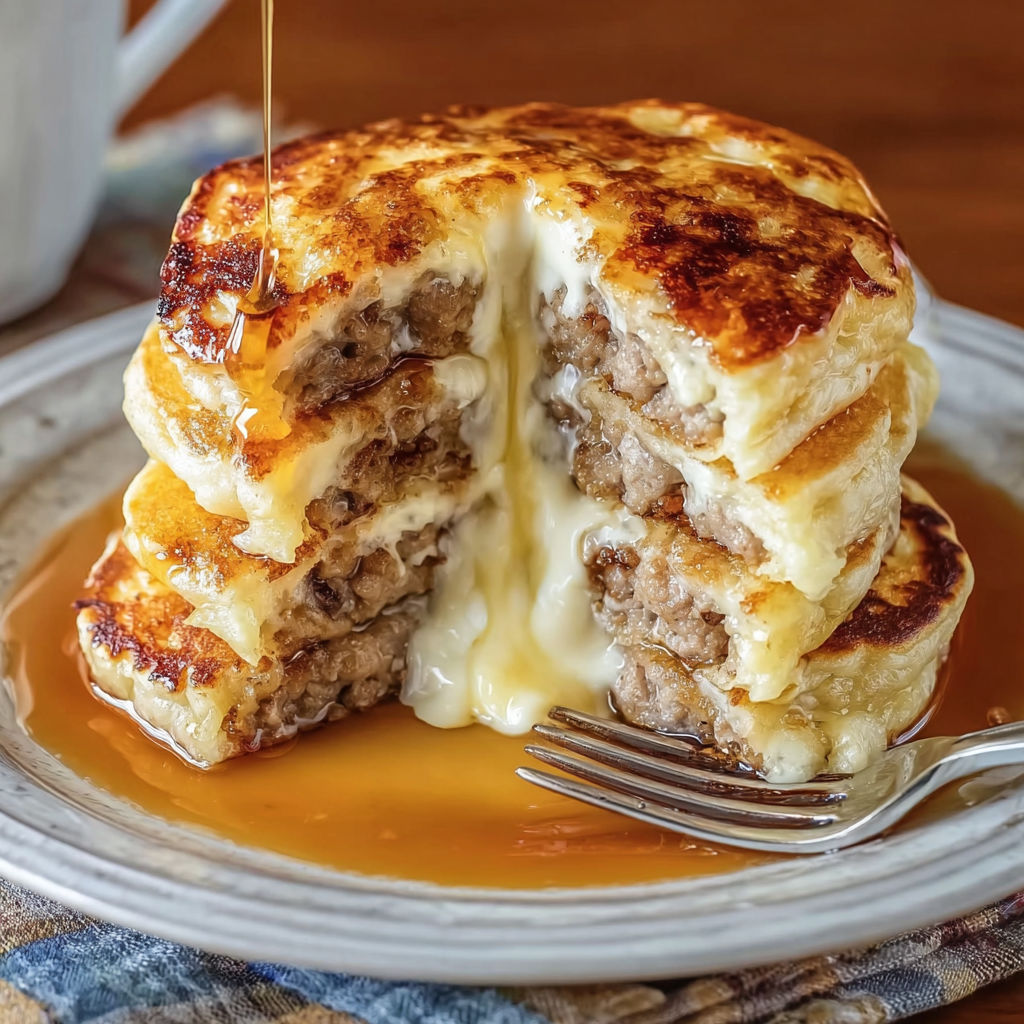 A delicious sausage dipped pancakes delight is served on a plate with a fork.