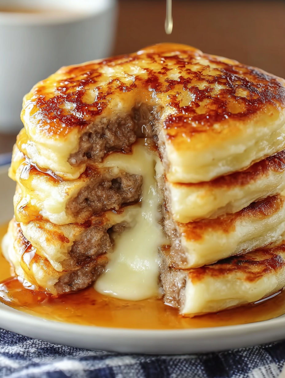 A stack of meat and cheese pancakes with syrup drizzled on top.