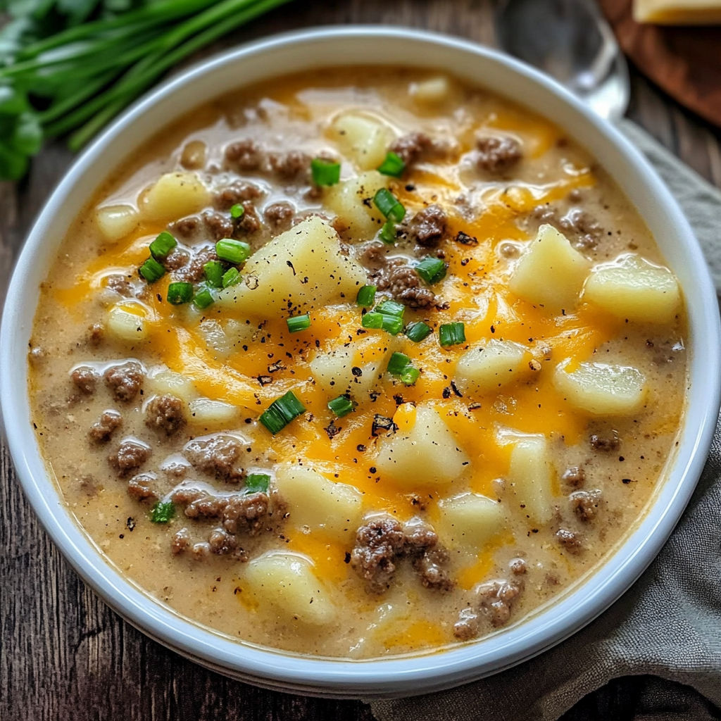 A bowl of Hamburger Potato Soup with a spoon inside.