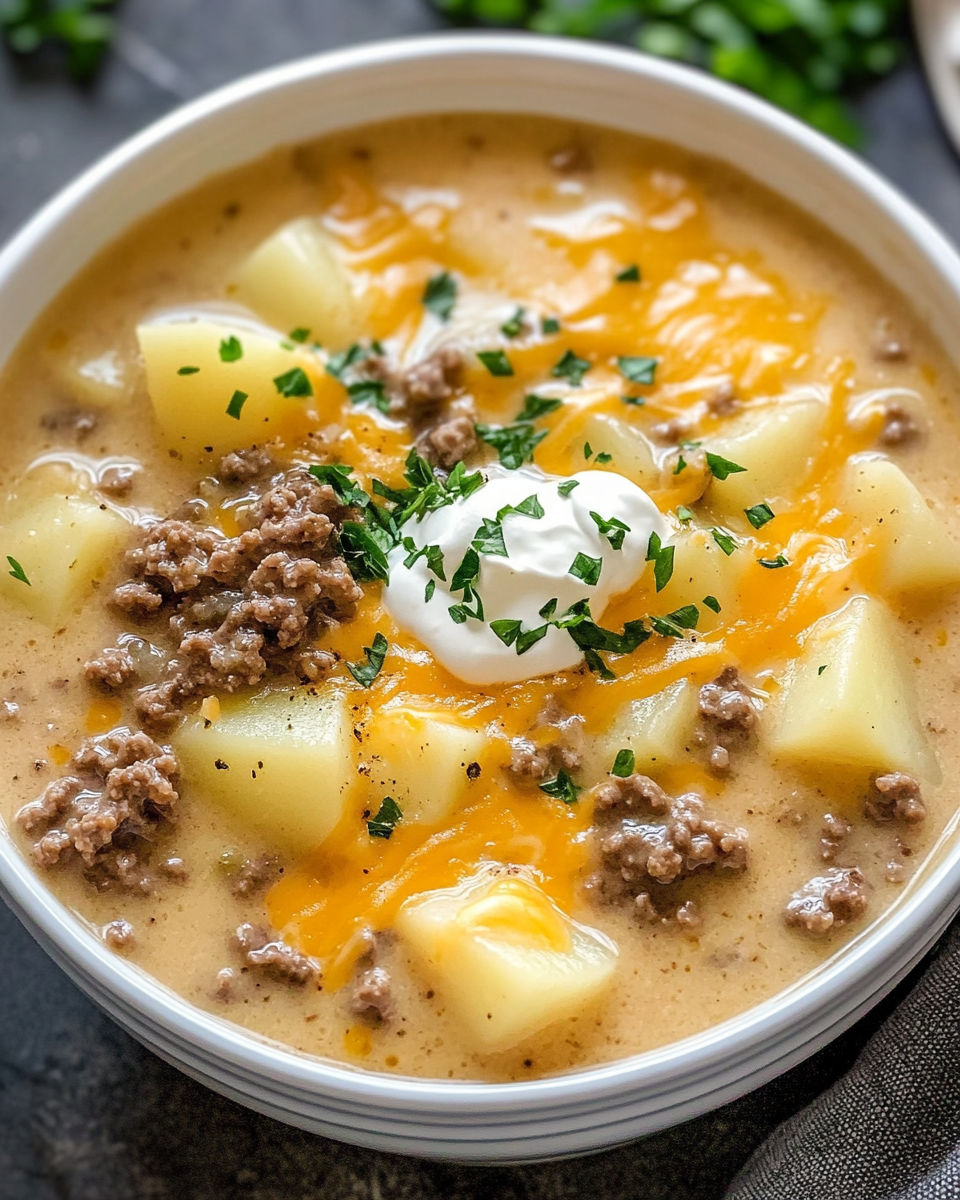 A bowl of Hamburger Potato Soup with a dollop of sour cream on top.