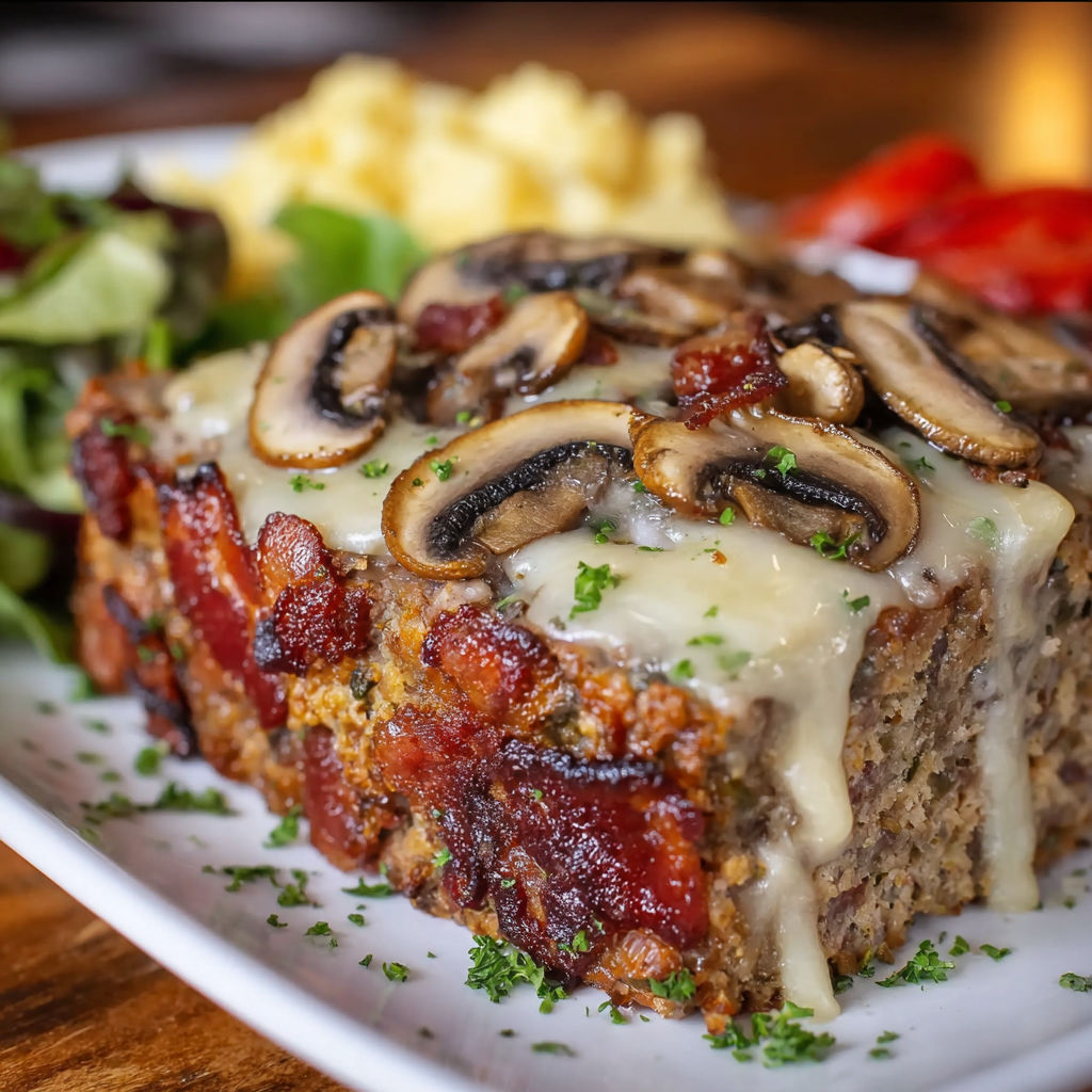 A delicious meal of Double Bacon Swiss Mushroom Melt Meatloaf is served on a plate with a side of salad.