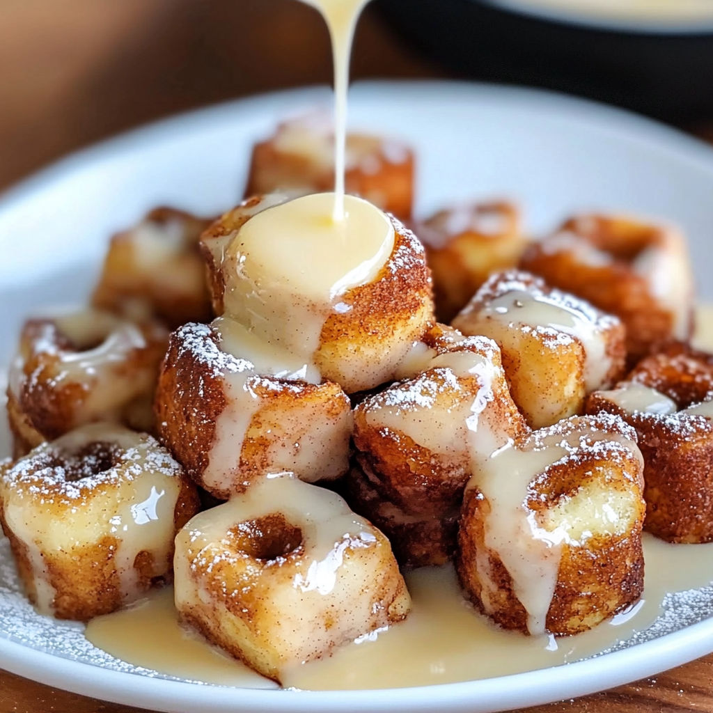 A plate of cinnamon roll french toast bites drizzled with caramel sauce.