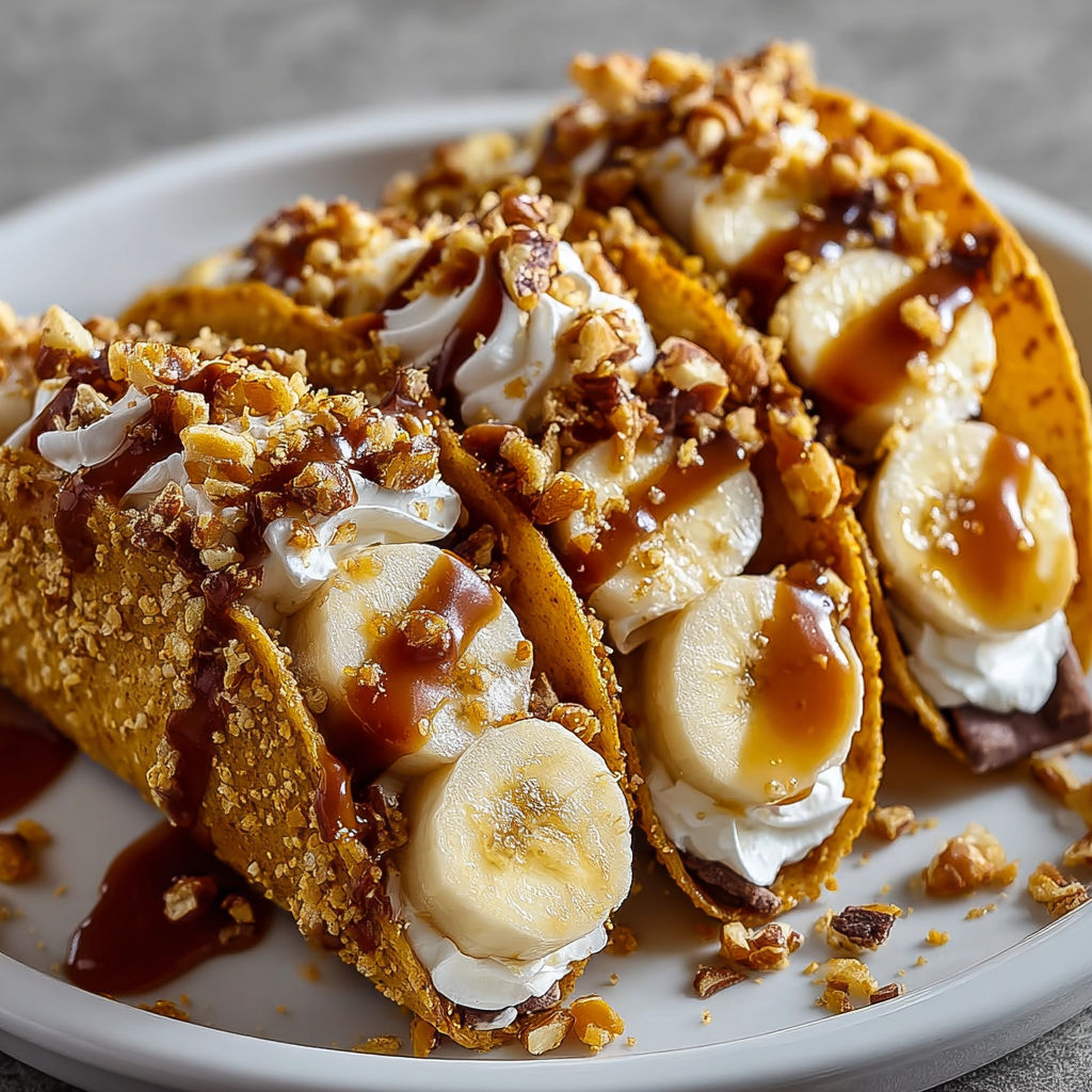 A plate of Caramel Banana Nuts Tacos with bananas and nuts on top.