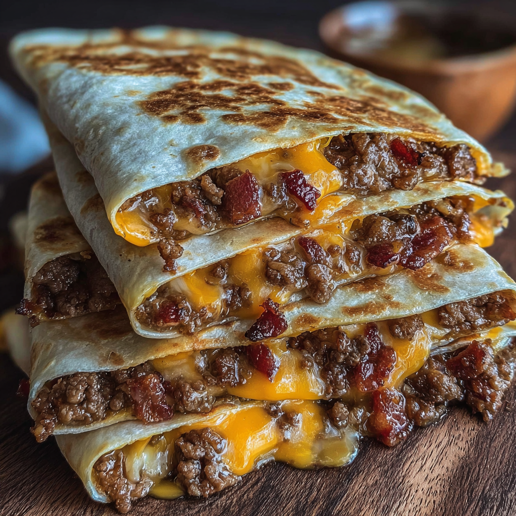 A stack of Maple Bacon Cheeseburger Quesadillas on a wooden table.