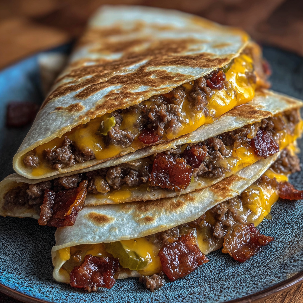 A plate of Maple Bacon Cheeseburger Quesadillas.