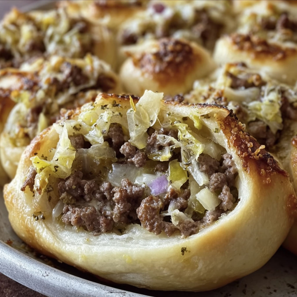 A tray of meat and vegetable filled pastries, including onions and cabbage, are ready to be baked.