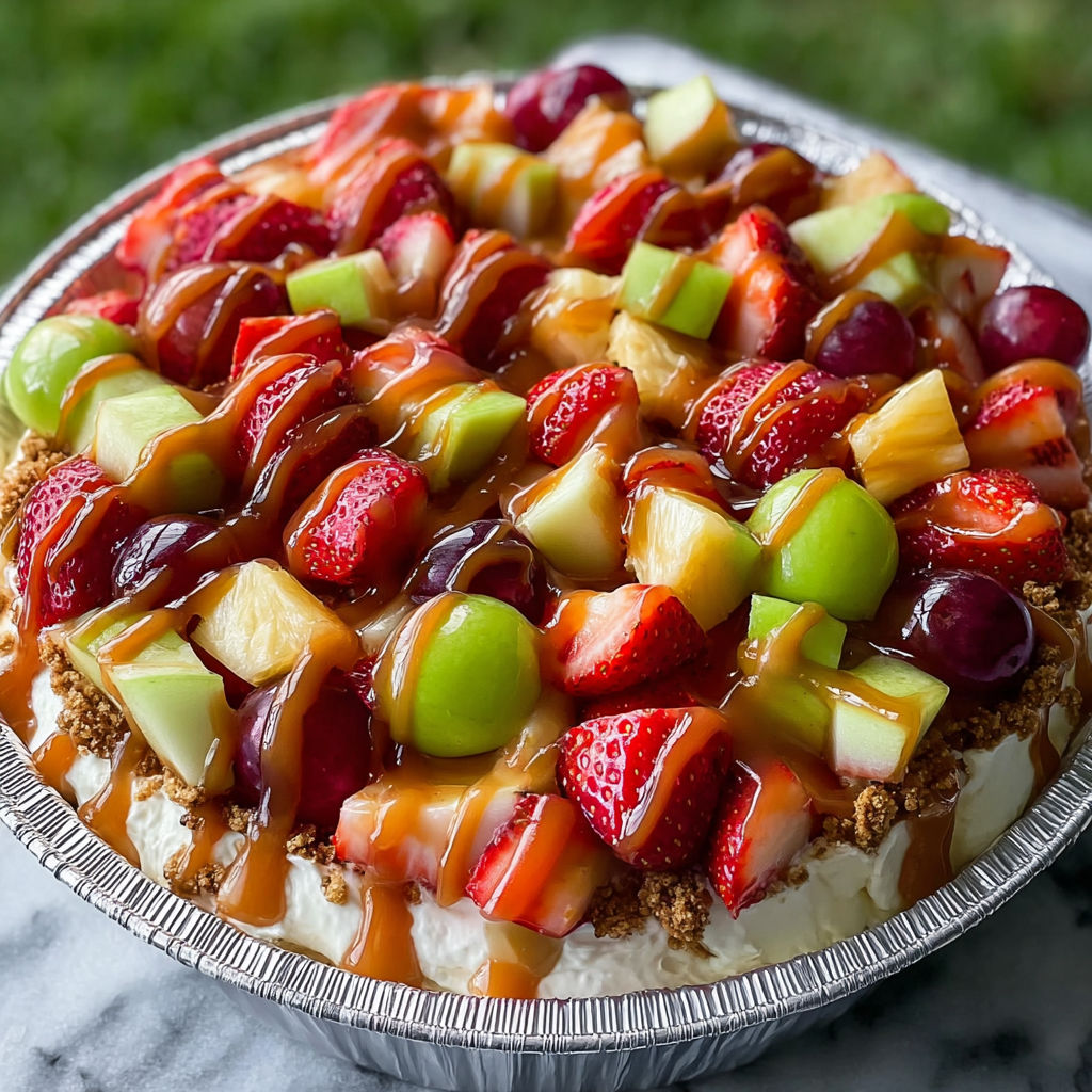 A delicious fruit salad with strawberries, apples, and pears, topped with a cheesecake layer.