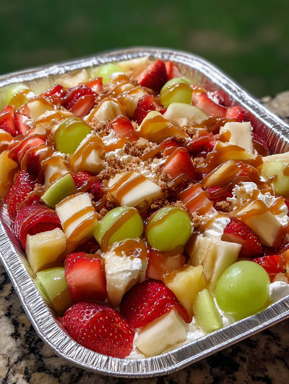 A delicious Cheesecake Fruit Salad is displayed in a silver pan, featuring a mix of fruits and creamy toppings.