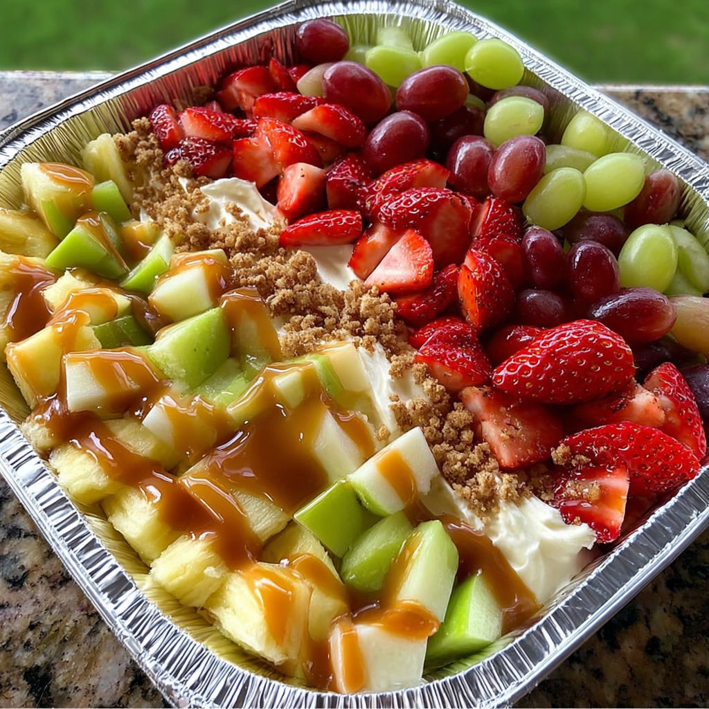 A delicious fruit salad with strawberries, grapes, and bananas, topped with a cheesecake sauce.