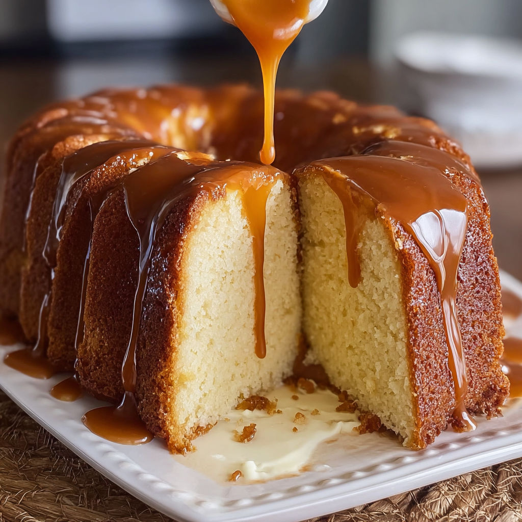 A slice of Caramel Cream Cheese Pound Cake is being drizzled with caramel sauce.