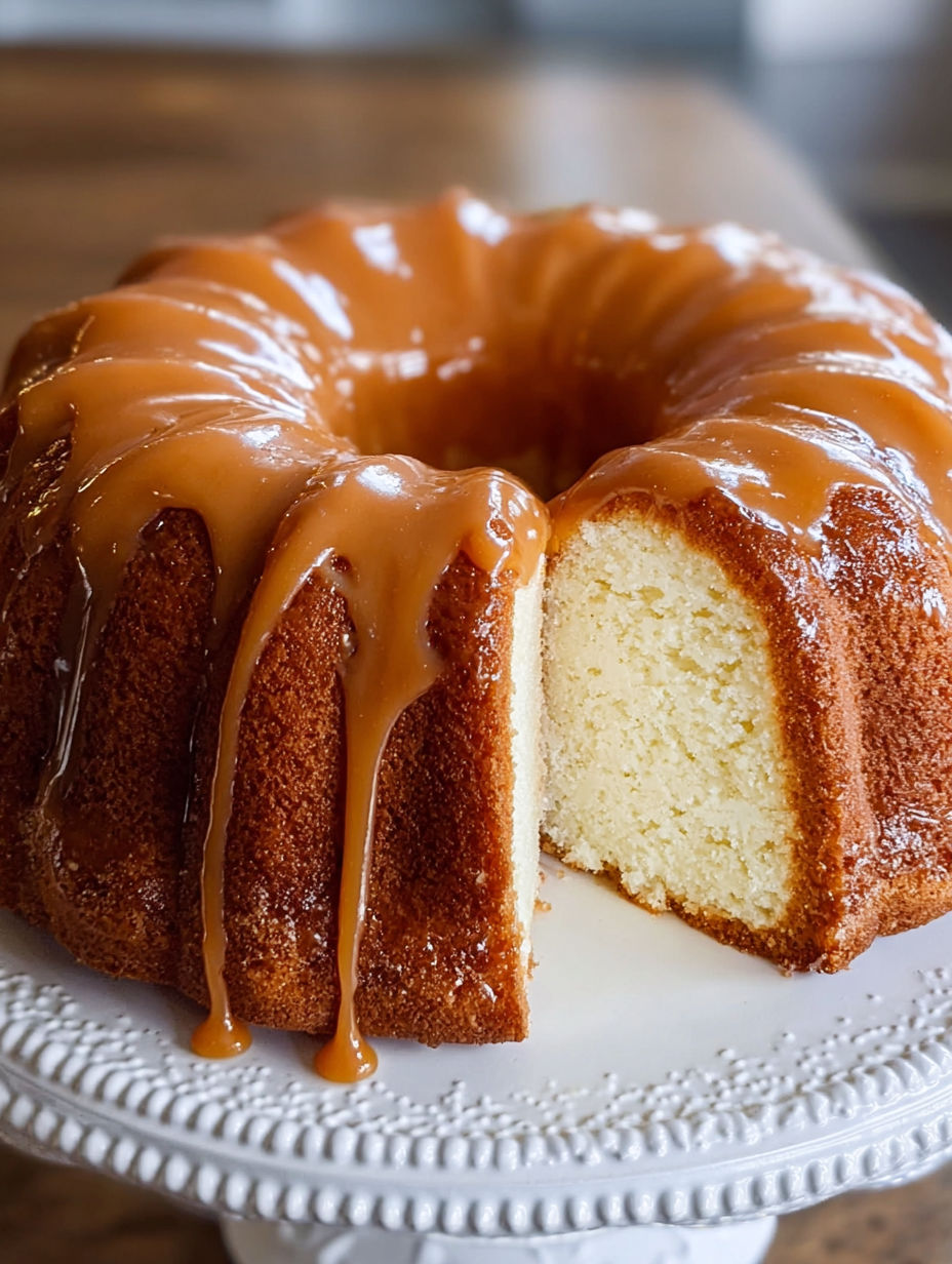 A slice of Caramel Cream Cheese Pound Cake is served on a white plate.