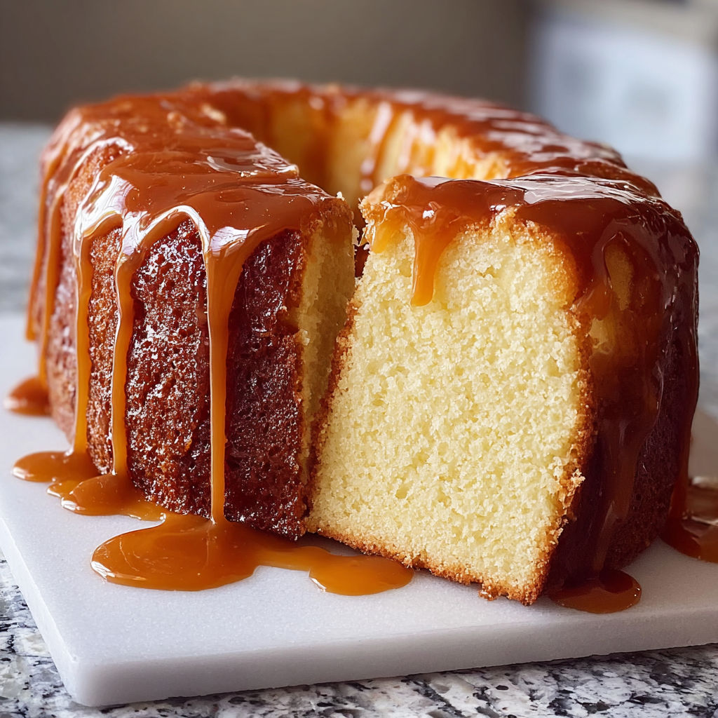 A slice of Caramel Cream Cheese Pound Cake on a white plate.