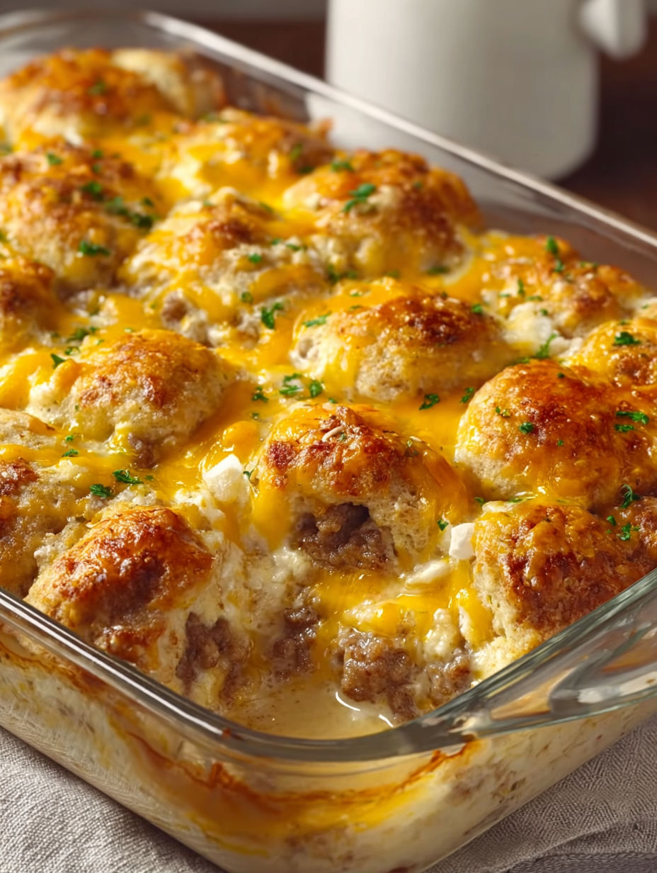A delicious Cheesy Sausage Biscuit Breakfast Casserole is ready to be served.