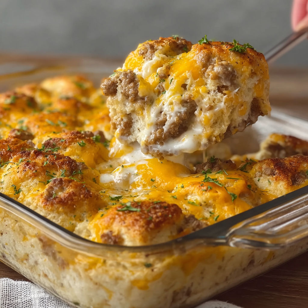 A person is taking a bite out of a cheesy sausage biscuit breakfast casserole.