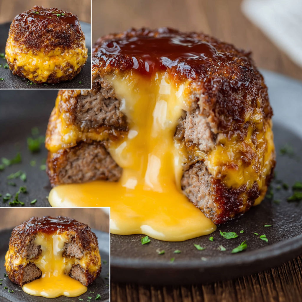 A close up of a delicious cheesy meatball casserole.
