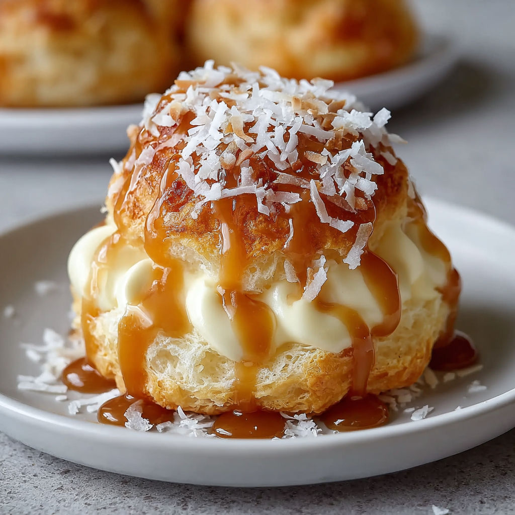 A plate of Coconut Caramel Cream Puffs with a drizzle of caramel sauce on top.