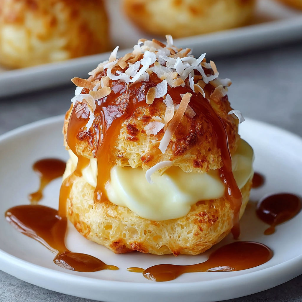 A delicious dessert made with coconut and caramel sauce, served on a white plate.