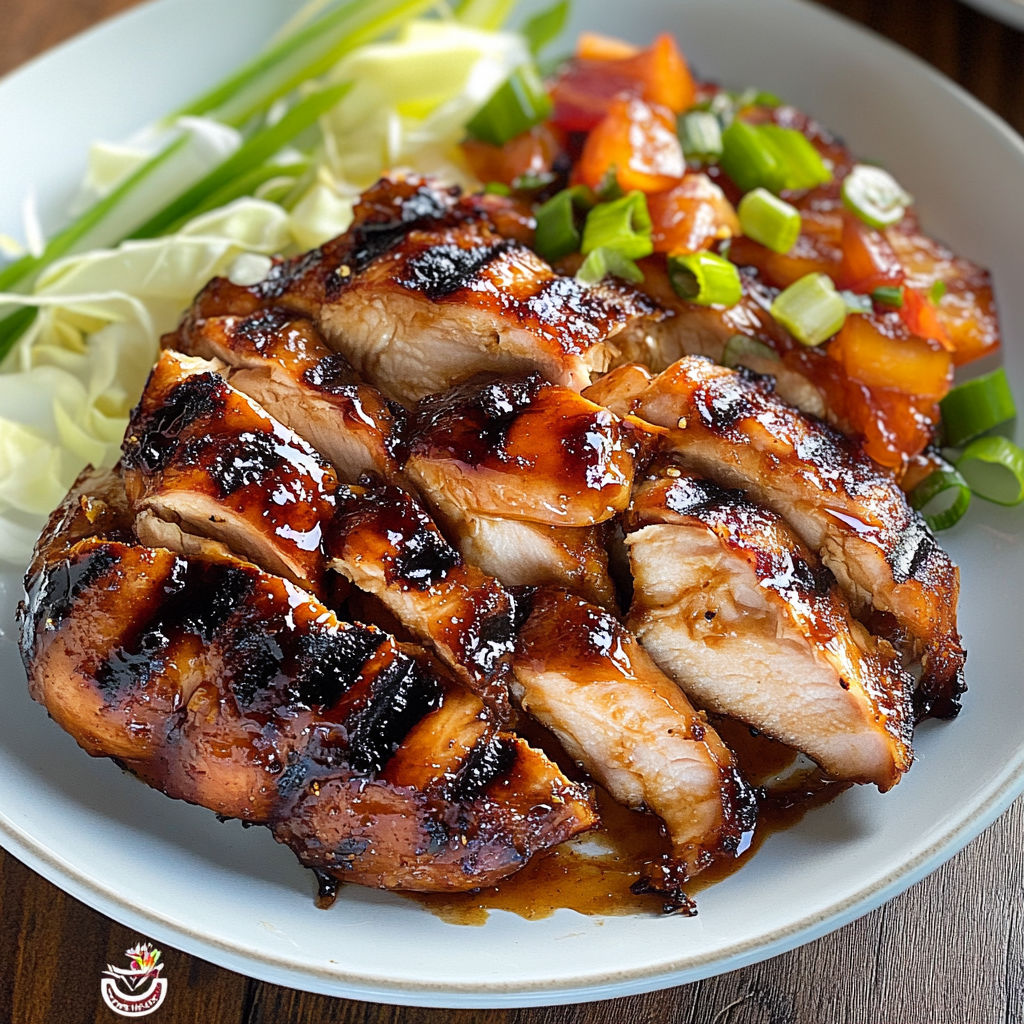 A plate of grilled teriyaki chicken with a side of vegetables.