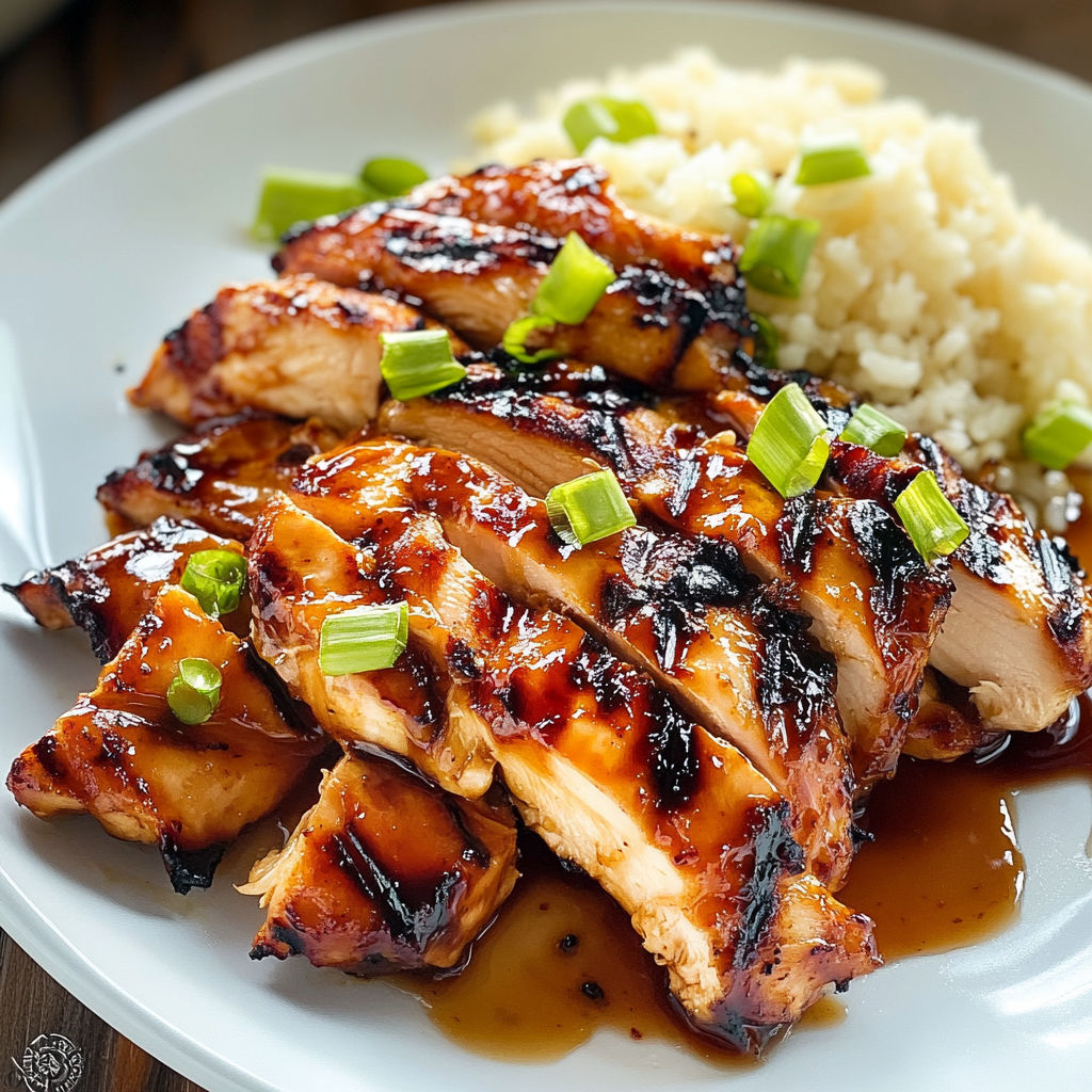 A plate of grilled chicken with a brown sauce and rice on the side.