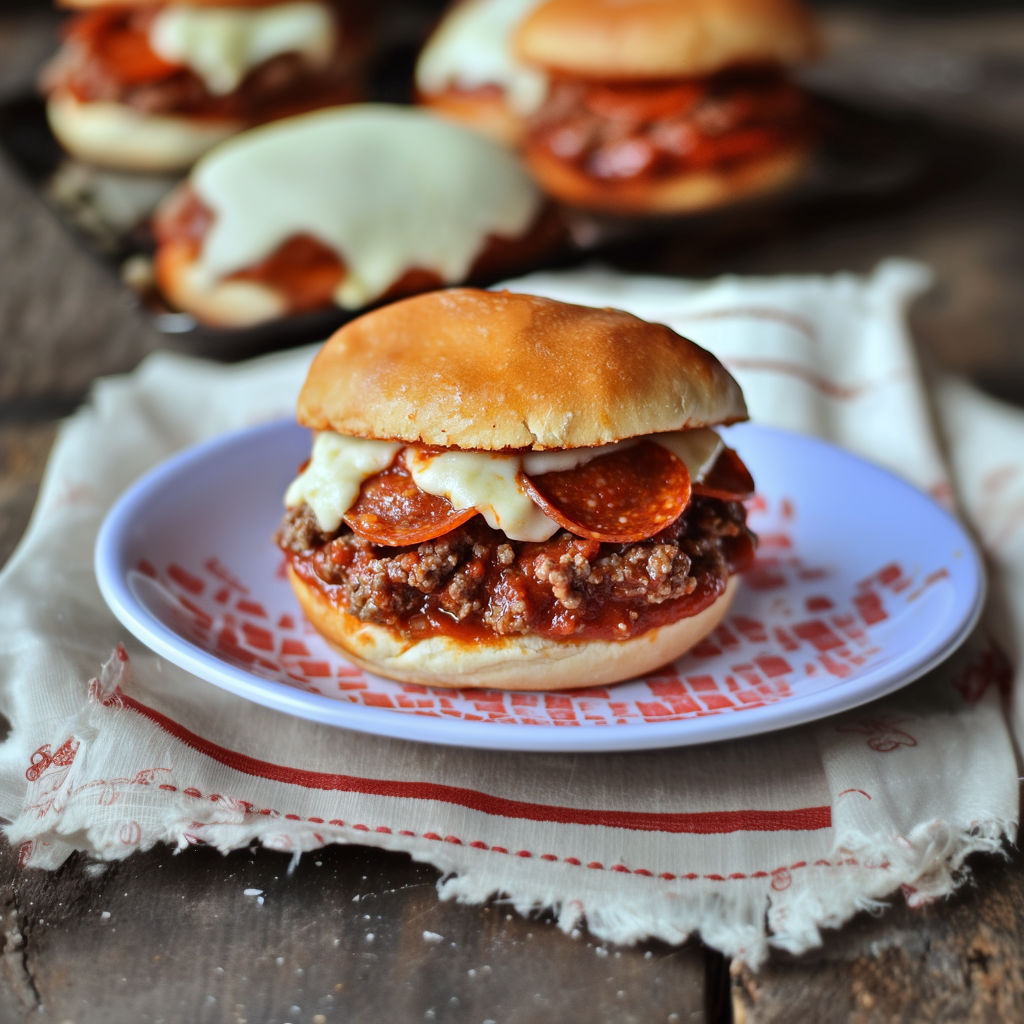 A delicious pepperoni and cheese sandwich on a white plate.