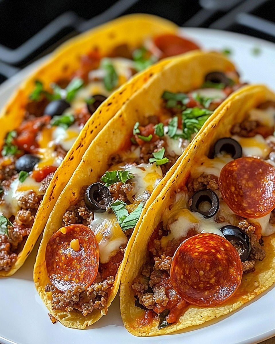 Two delicious pizza tacos filled with meat and cheese, topped with olives and green onions.