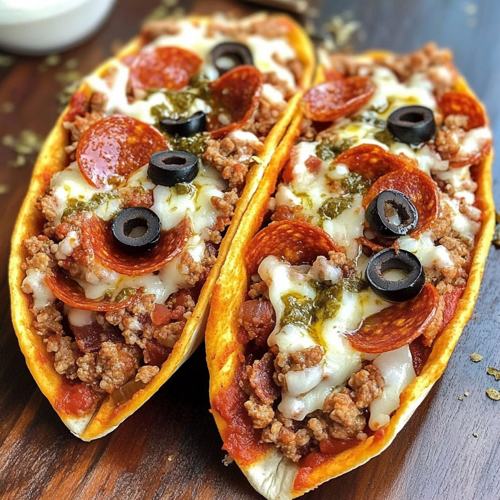 A delicious pizza with pepperoni and olives on a wooden table.