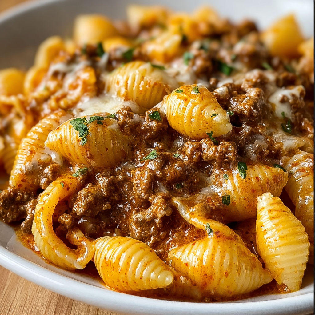 A plate of pasta with meat and cheese in a one pot meal.