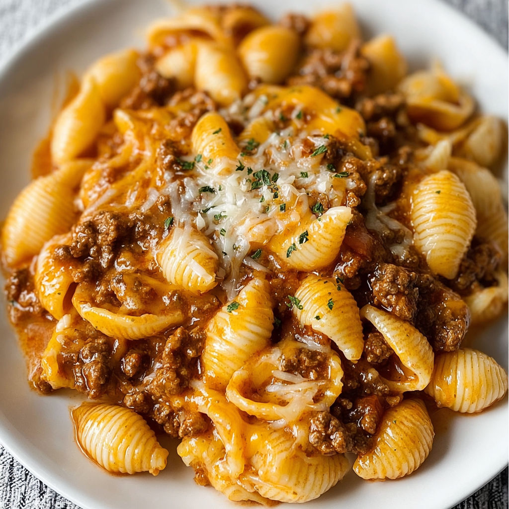 A plate of pasta with meat sauce and cheese on top.