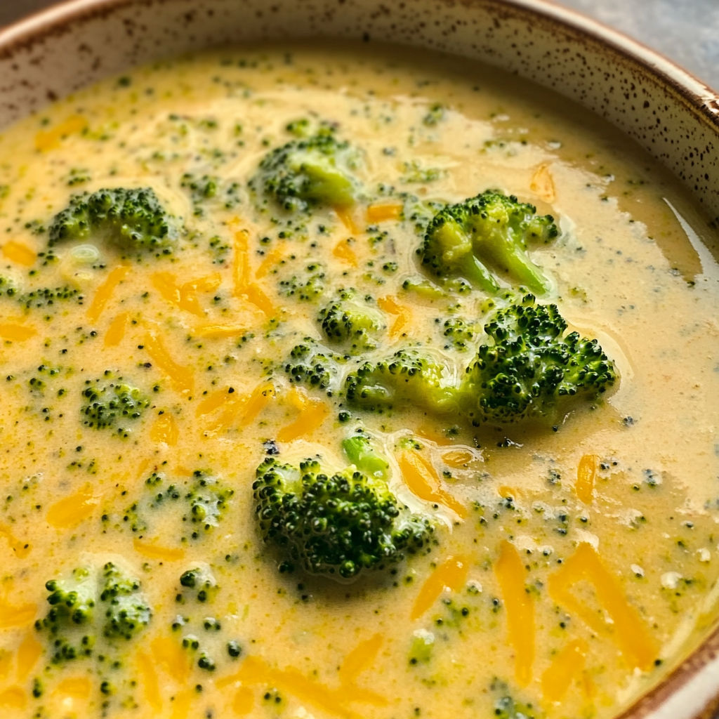A bowl of soup with broccoli and cheese.