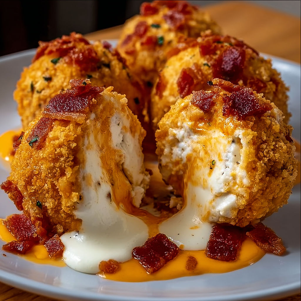 A plate of bacon wrapped cheese balls with a creamy sauce drizzled over them.