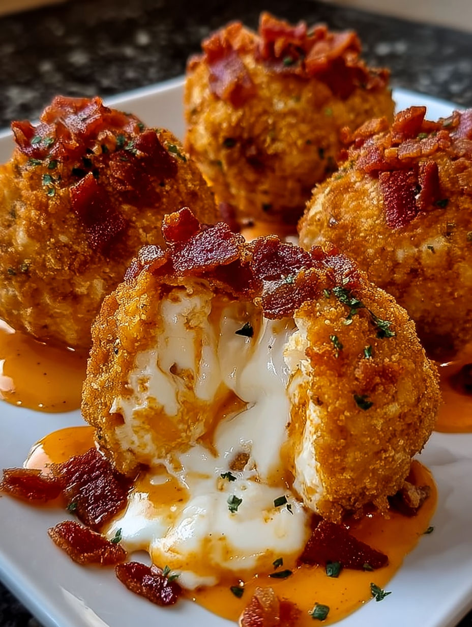 A plate of bacon wrapped cheese balls with a drizzle of sauce.