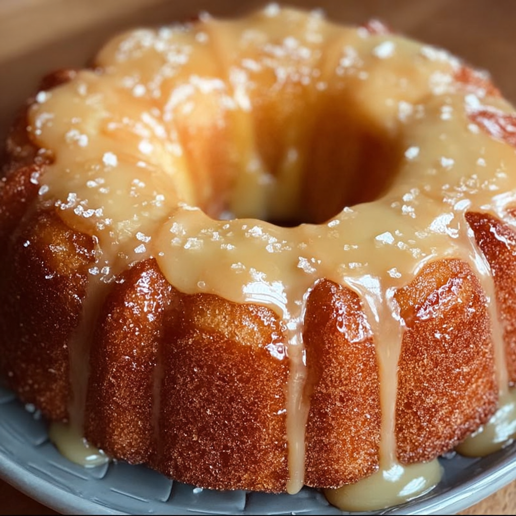 A slice of Salted Caramel Kentucky Butter Cake is displayed on a plate.