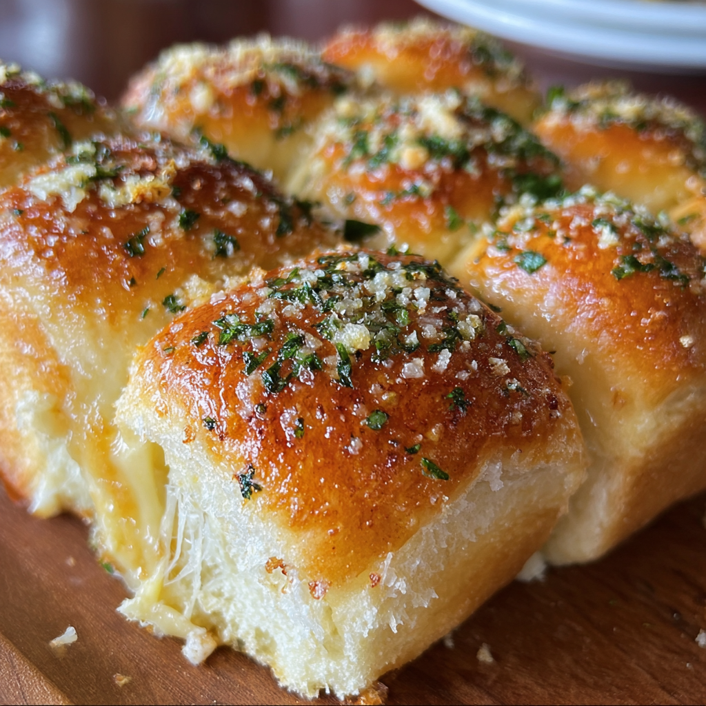 A close-up of a delicious Hawaiian Roll Garlic Bread.