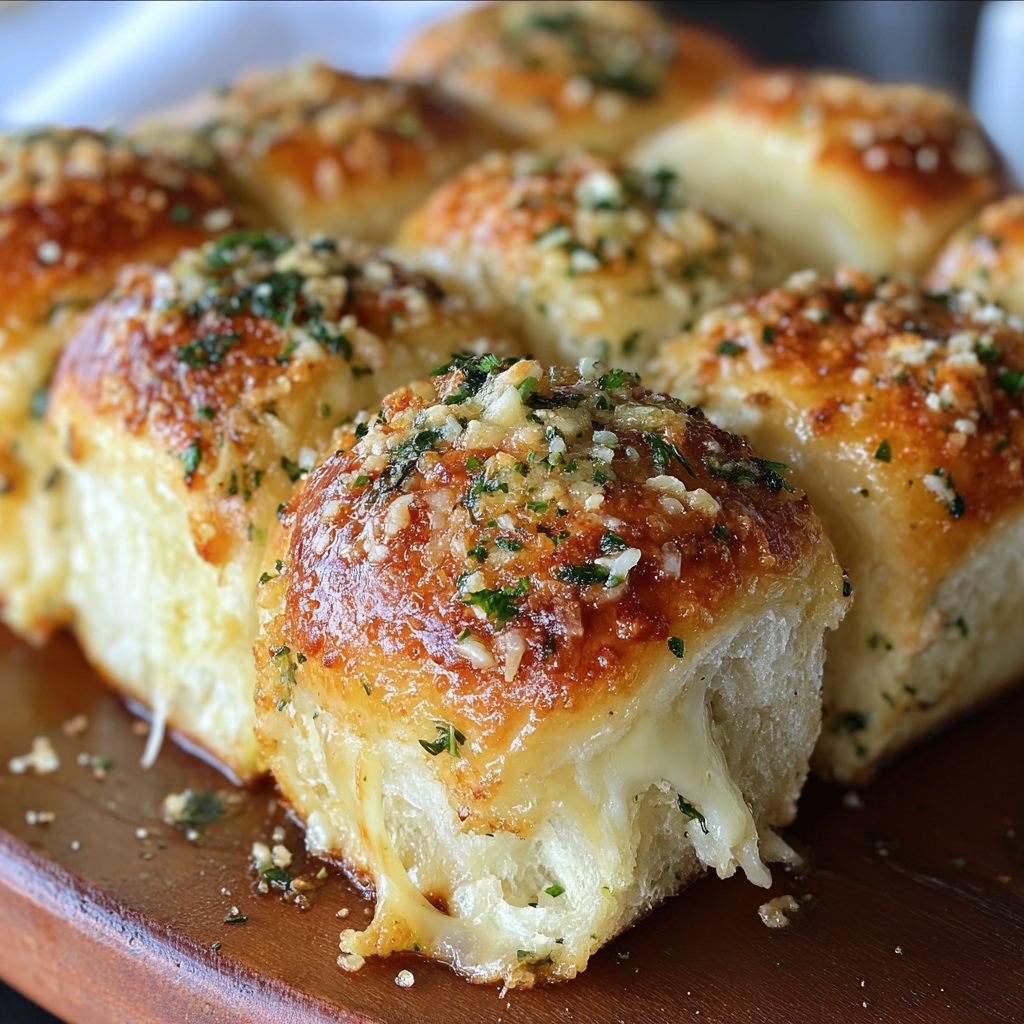 A plate of garlic bread with cheese and herbs on a wooden table.