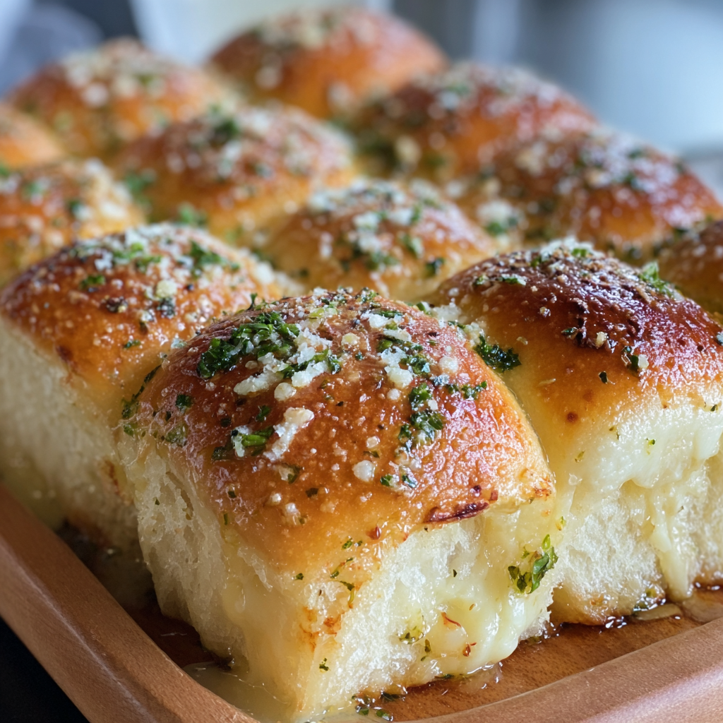 A plate of cheese-stuffed bread rolls, also known as garlic bread, is displayed on a wooden platter.