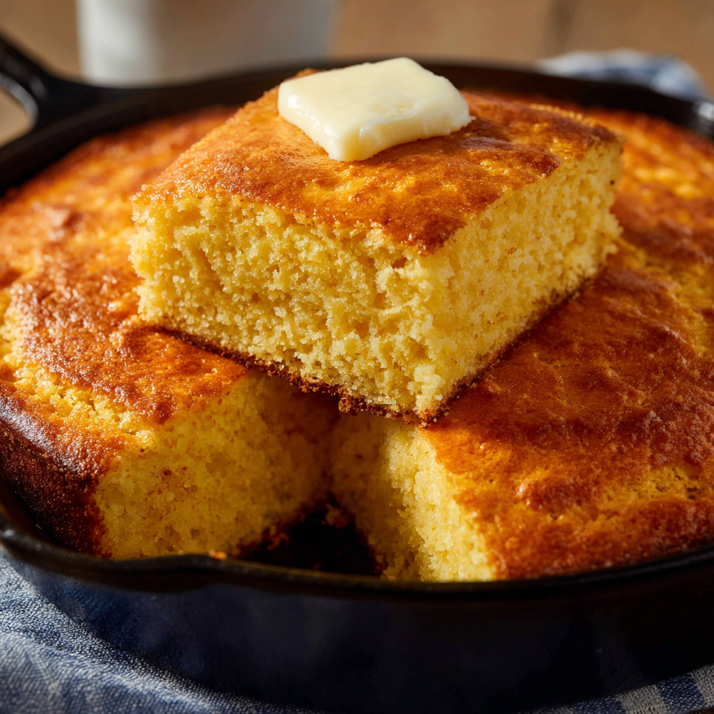 A pan of cake with a white dollop of butter on top.